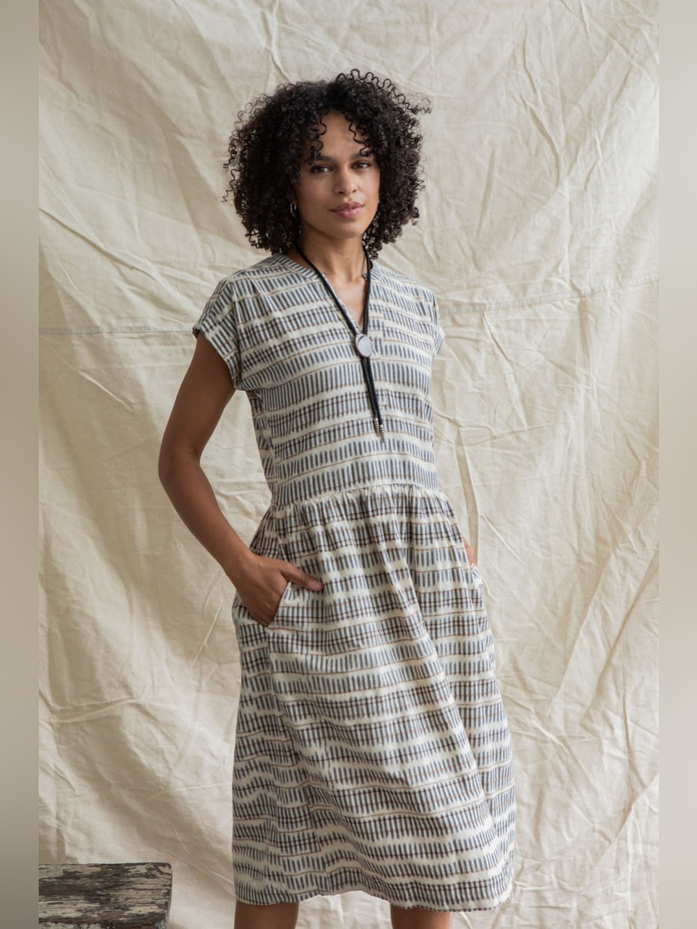 Bridge & Burn The Ira Midi Dress in Mushroom Ikat Stripe Organic Cotton Size XS - Picture 13 of 15